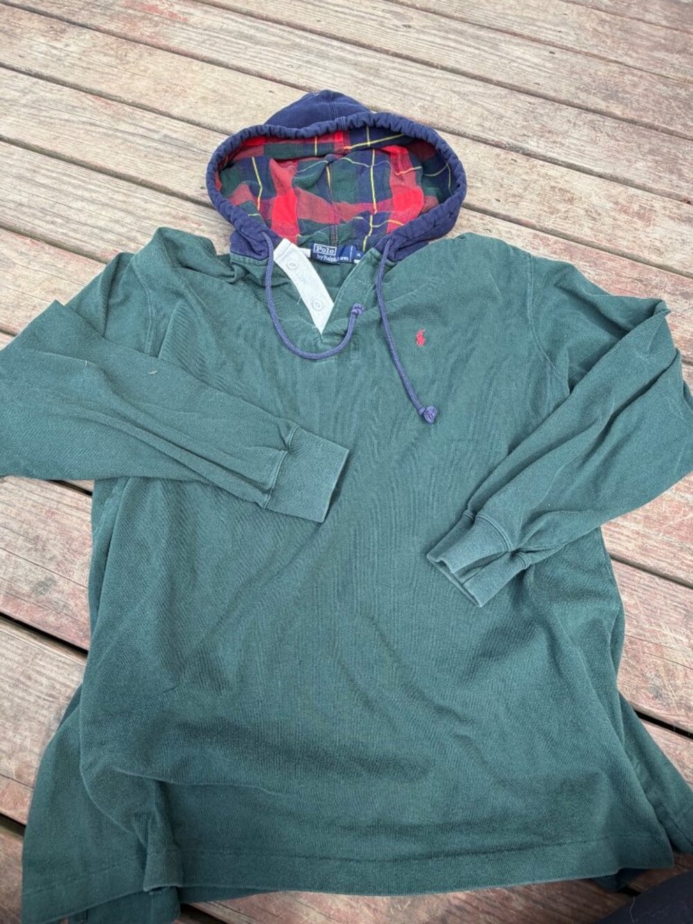 Vintage Polo By Ralph Lauren Mens Green Hoodie XL With Tartan Lined Hood